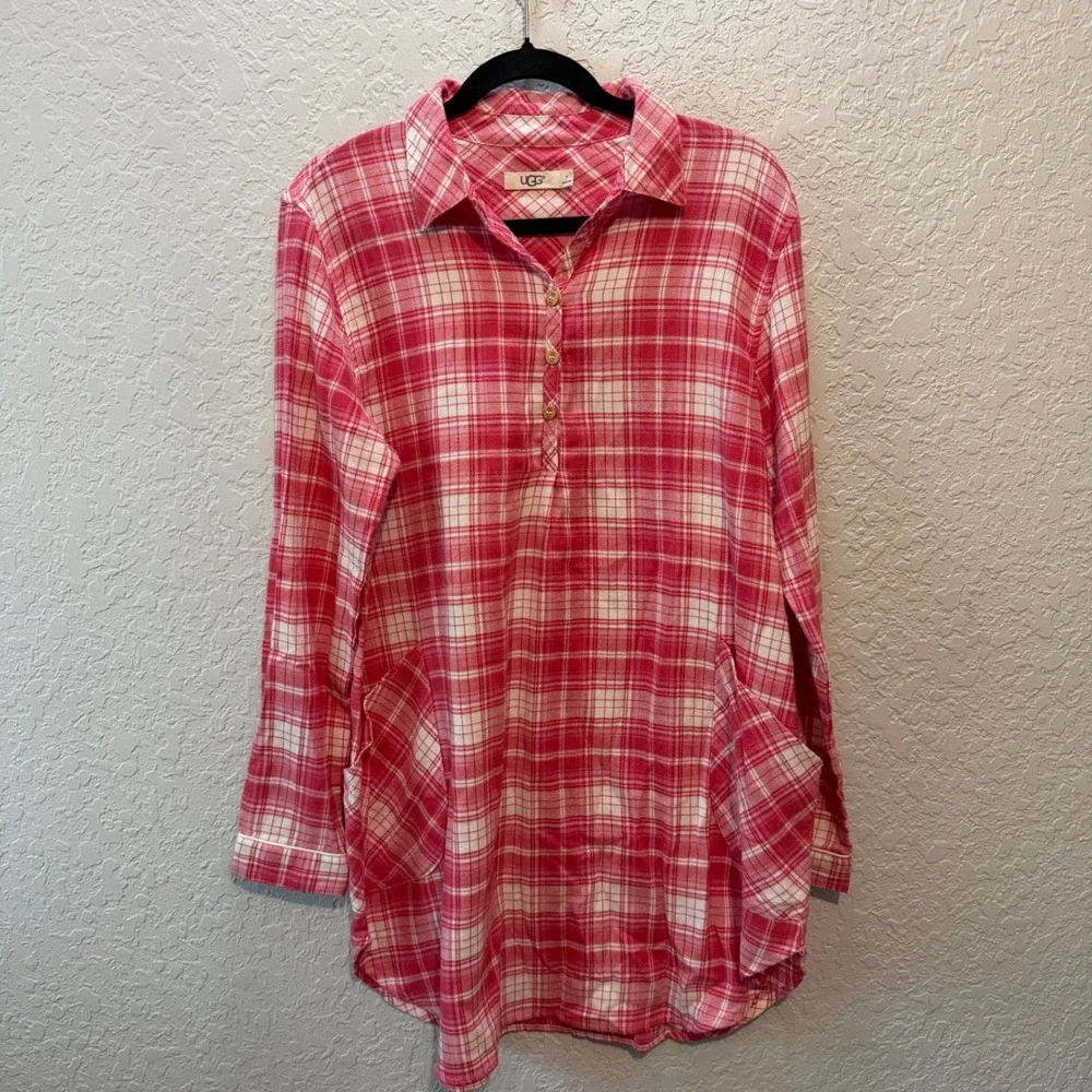 UGG Plaid Flannel Nightgown Size M Pink White Lounge Sleepwear 1095619